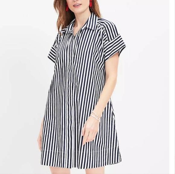 Loft Striped Poplin Short Sleeve Pocket Shirtdress size XS - Picture 3 of 9